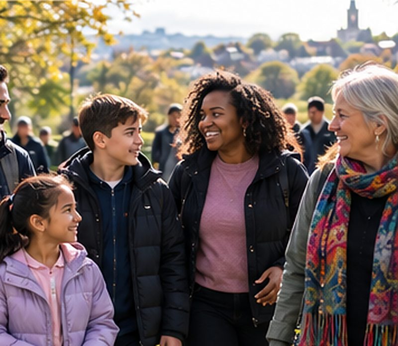 A group of adults and children of different ages walking together through a park