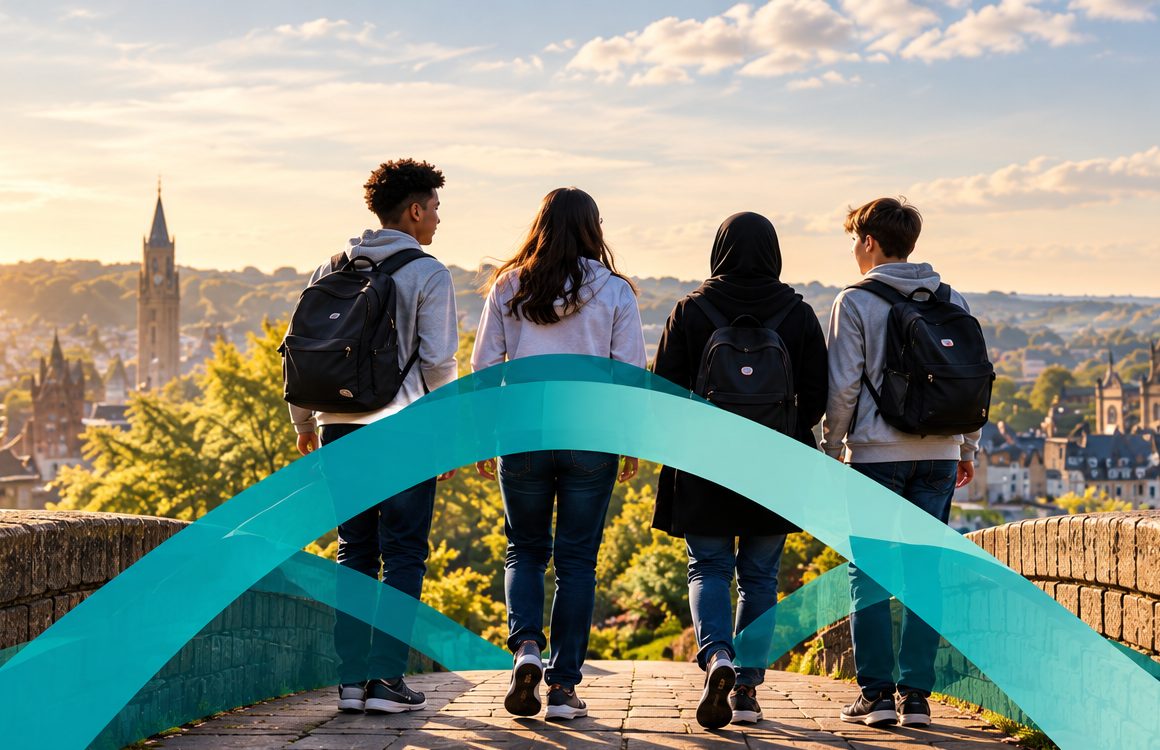 Four teenagers with backpacks walking together across a stone bridge towards a city skyline at sunset